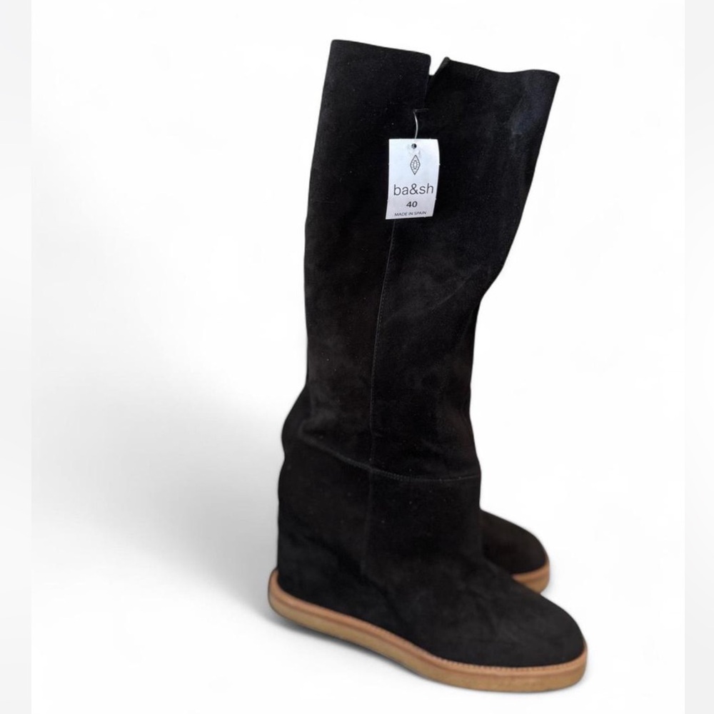ba&sh Cassandra Black Wedge Boots with Suede Finish